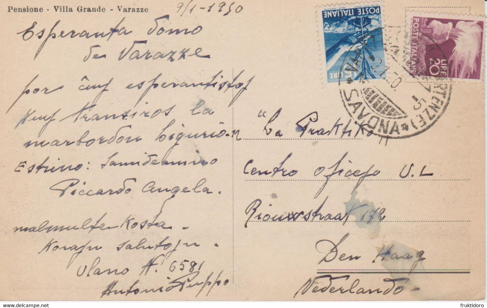 AKEO Card About Esperanto House In Varazze - Italy - Written In Esperanto 1950 - Esperanto