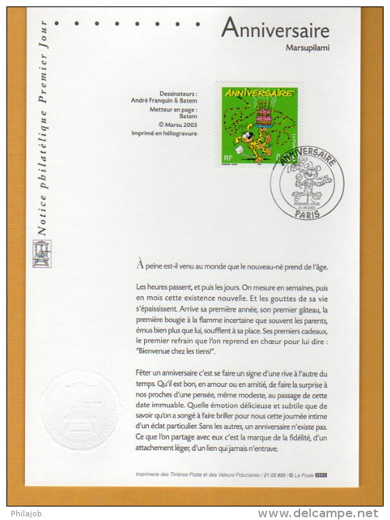 " MARSUPILAMI " Sur Notice Officielle 1er Jour De 2003. N° YT 3569. Parfait état. FDC - Stripsverhalen