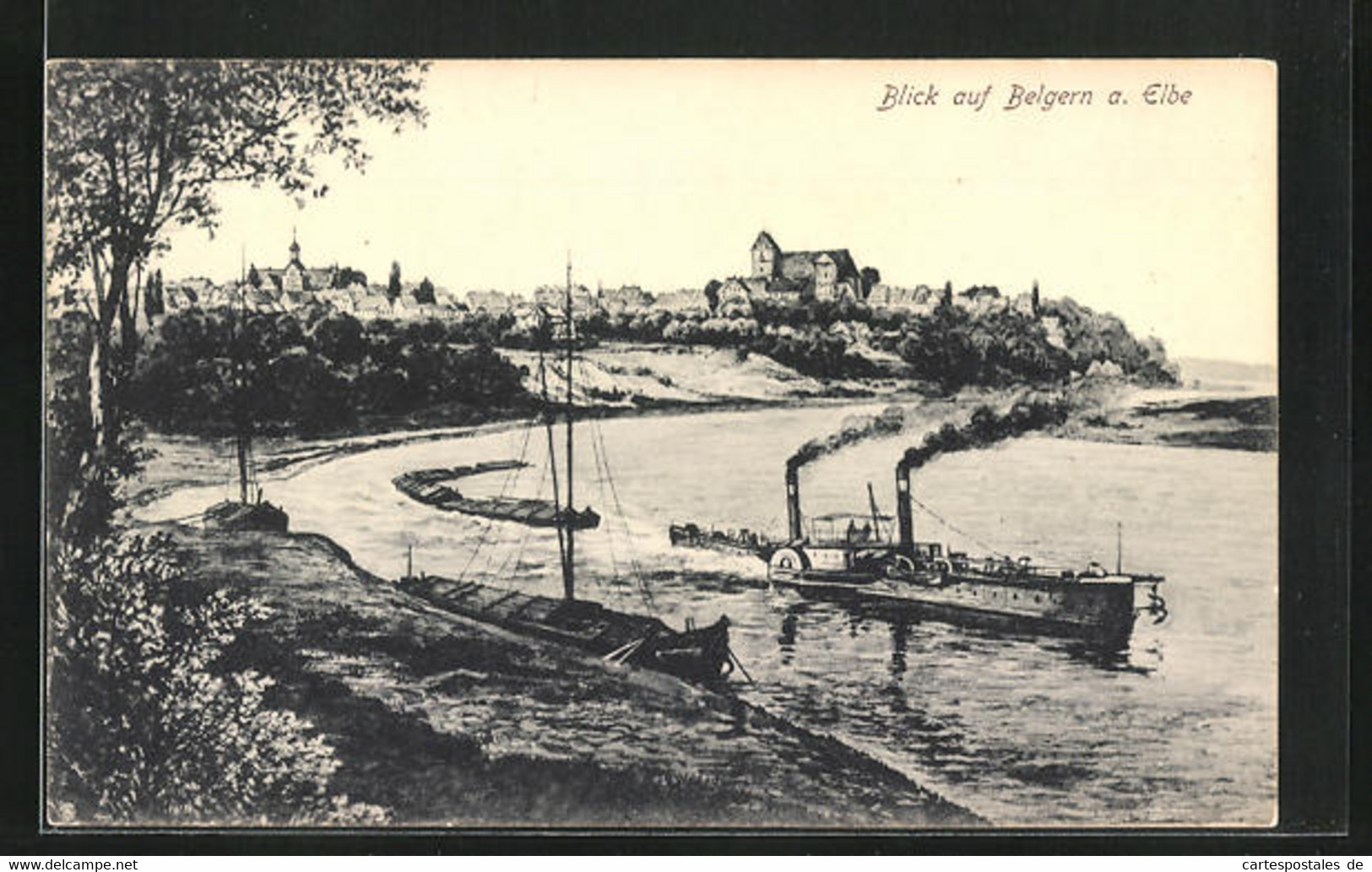 AK Belgern A. Elbe, Gesamtansicht Der Stadt, Dampfer Auf Dem Fluss - Belgern