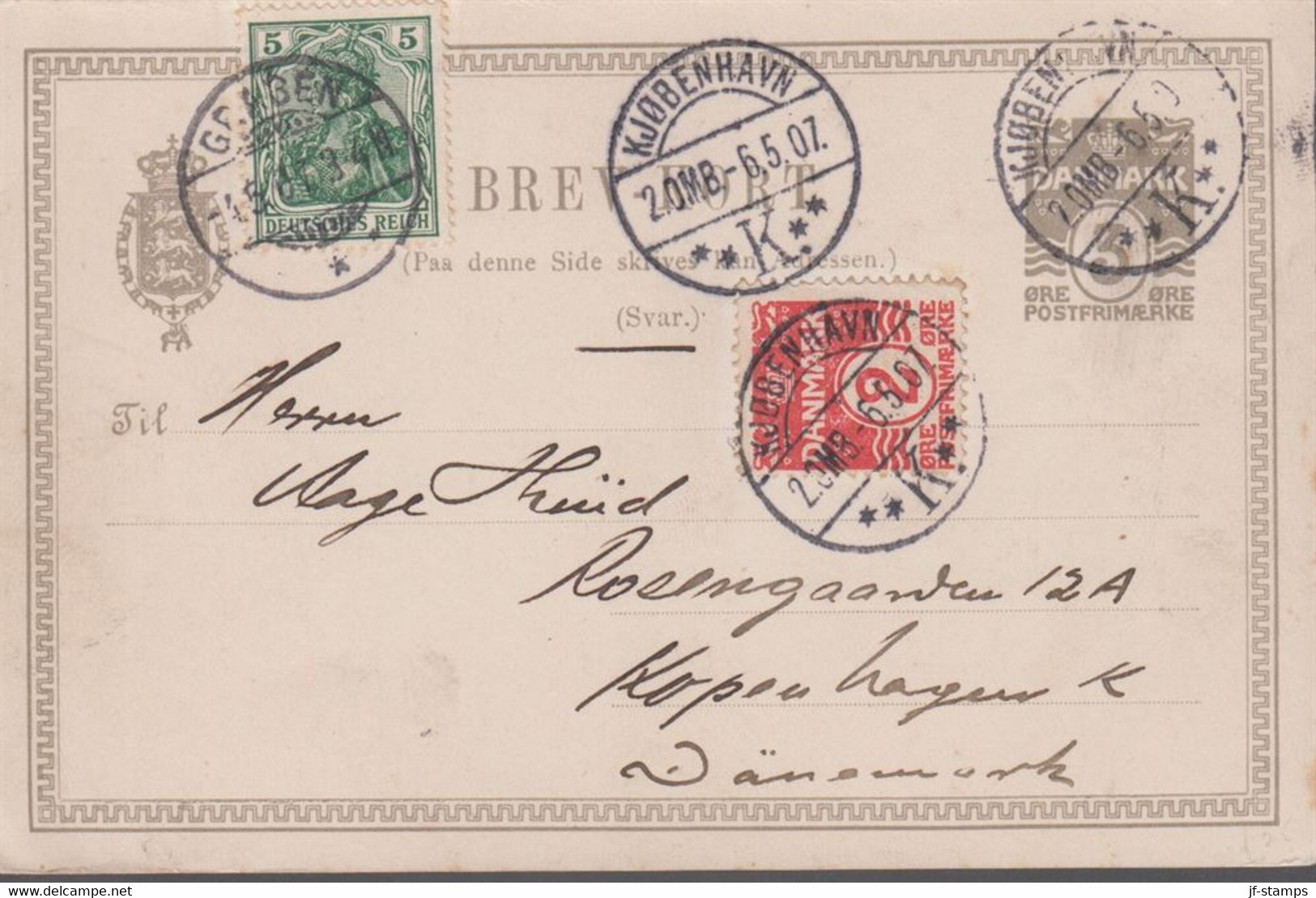 1907. DANMARK. BREVKORT Reply- Svar 3 ØRE. Reply Half Card From GRABEN 4.5.07, Insuff... () - JF420182 - Briefe U. Dokumente