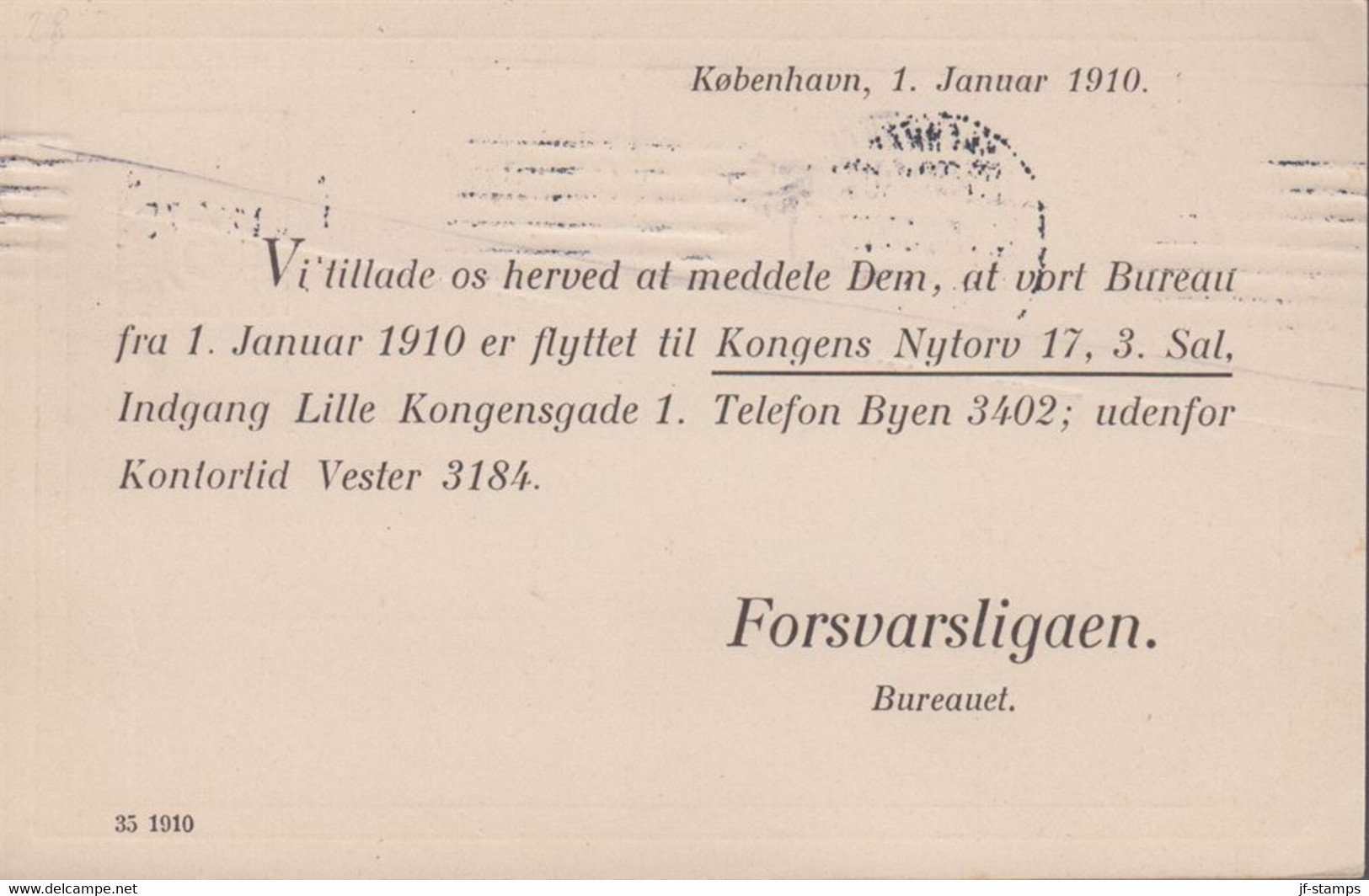 1910. DANMARK. BREVKORT 3 ØRE Cancelled KJØBENHAVN 6.1.10 Sender Forsvarsligaen.  () - JF420186 - Briefe U. Dokumente