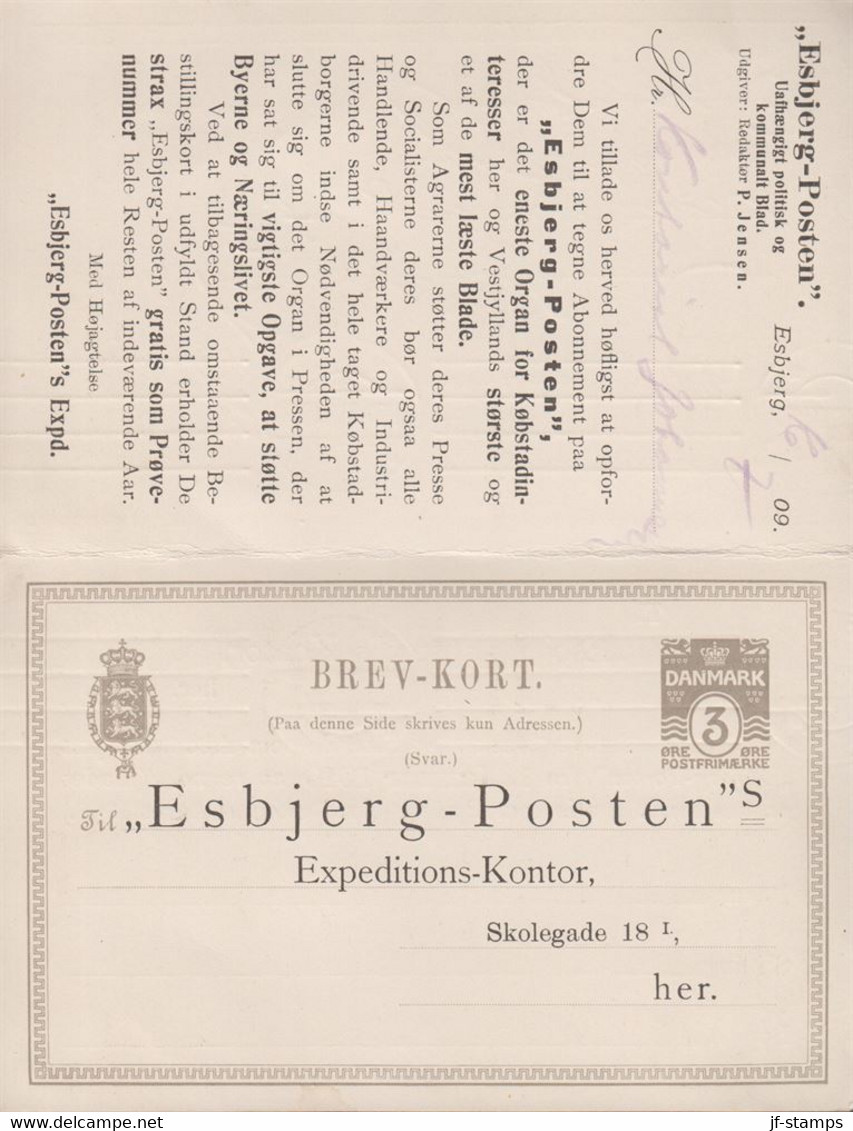 1909. DANMARK. BREVKORT With Replycard 3 ØRE Cancelled ESBJERG 16.7.09. Unused Reply ... () - JF420188 - Briefe U. Dokumente