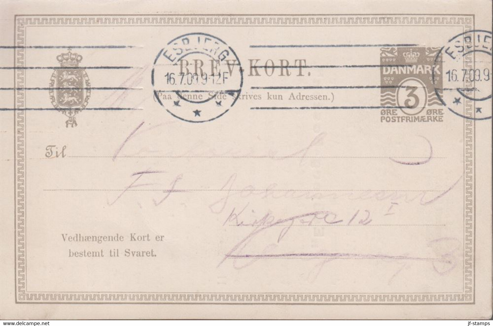 1909. DANMARK. BREVKORT With Replycard 3 ØRE Cancelled ESBJERG 16.7.09. Unused Reply ... () - JF420188 - Lettres & Documents