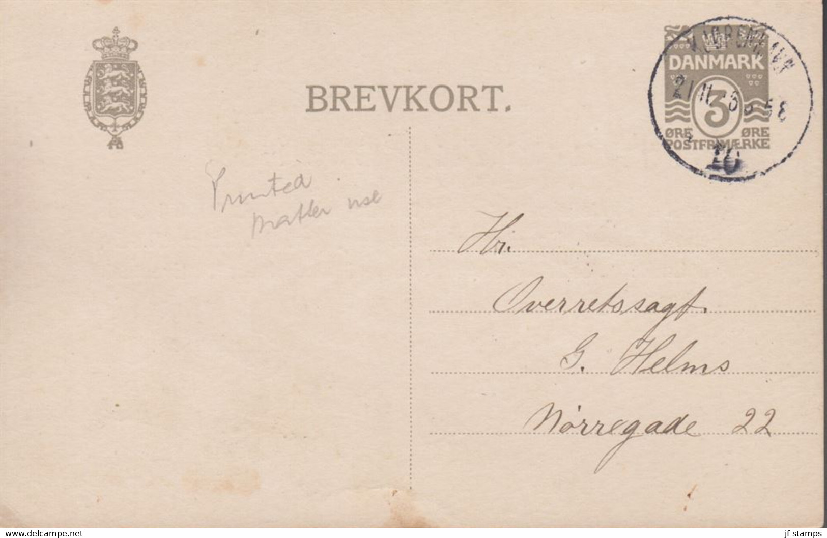 1908. DANMARK. BREVKORT 3 ØRE Watermark Wood. Cancelled KJØBENHAVN 21.11.08. () - JF420195 - Lettres & Documents