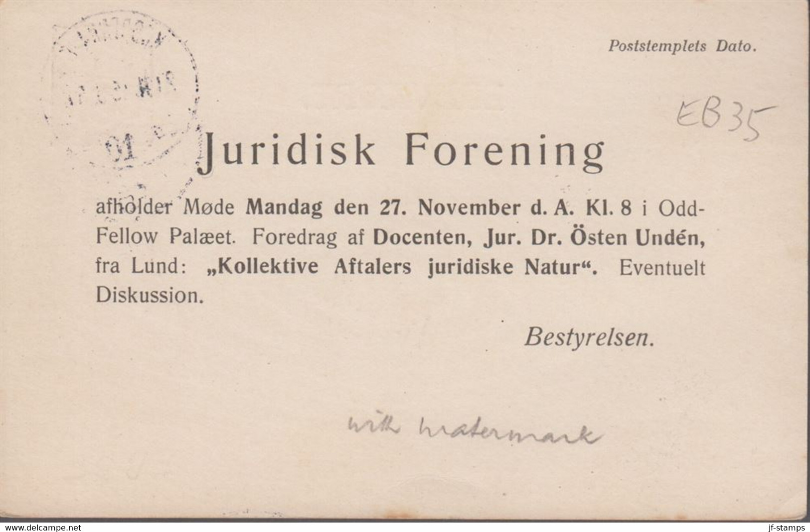 1908. DANMARK. BREVKORT 3 ØRE Watermark Wood. Cancelled KJØBENHAVN 21.11.08. () - JF420195 - Briefe U. Dokumente