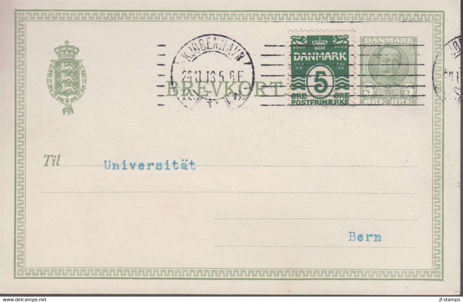 1913. DANMARK. BREVKORT 5 ØRE Frederik VIII + 5 ØRE To Bern, Schweiz From KJØBENHAVN ... () - JF420197 - Lettres & Documents