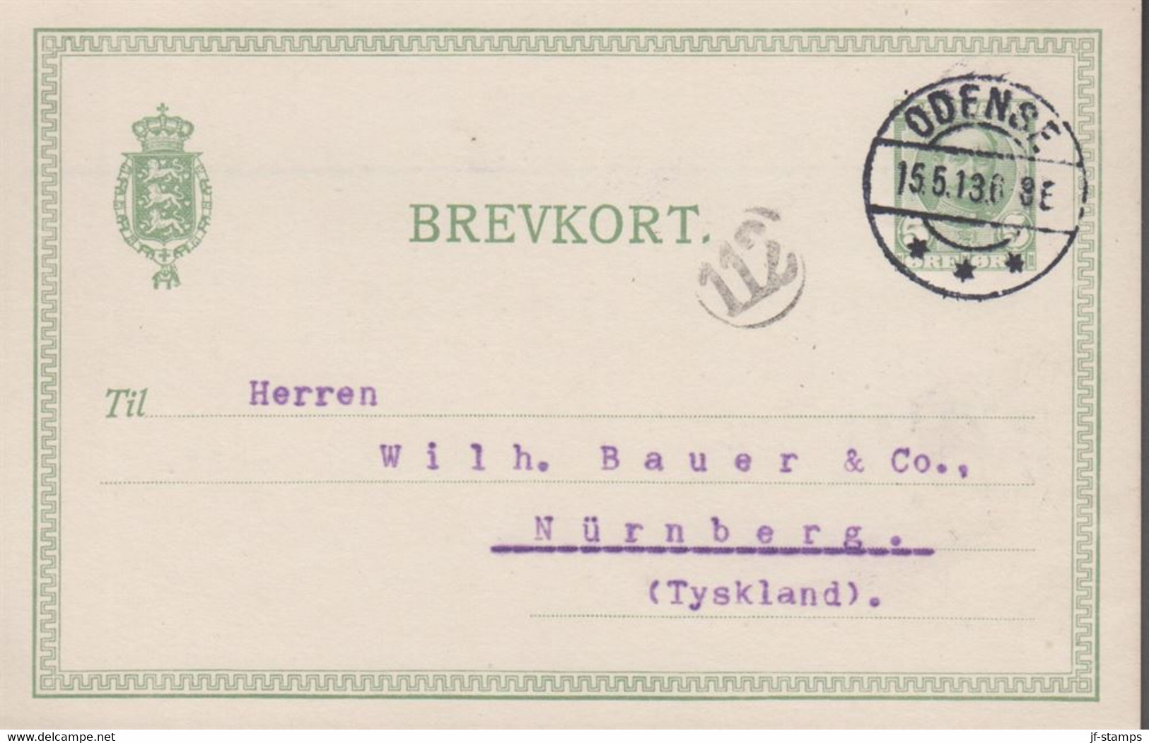 1913. DANMARK. BREVKORT 5 ØRE Frederik VIII To Nürnberg, Bayern From ODENSE 15.5.13. ... () - JF420198 - Lettres & Documents
