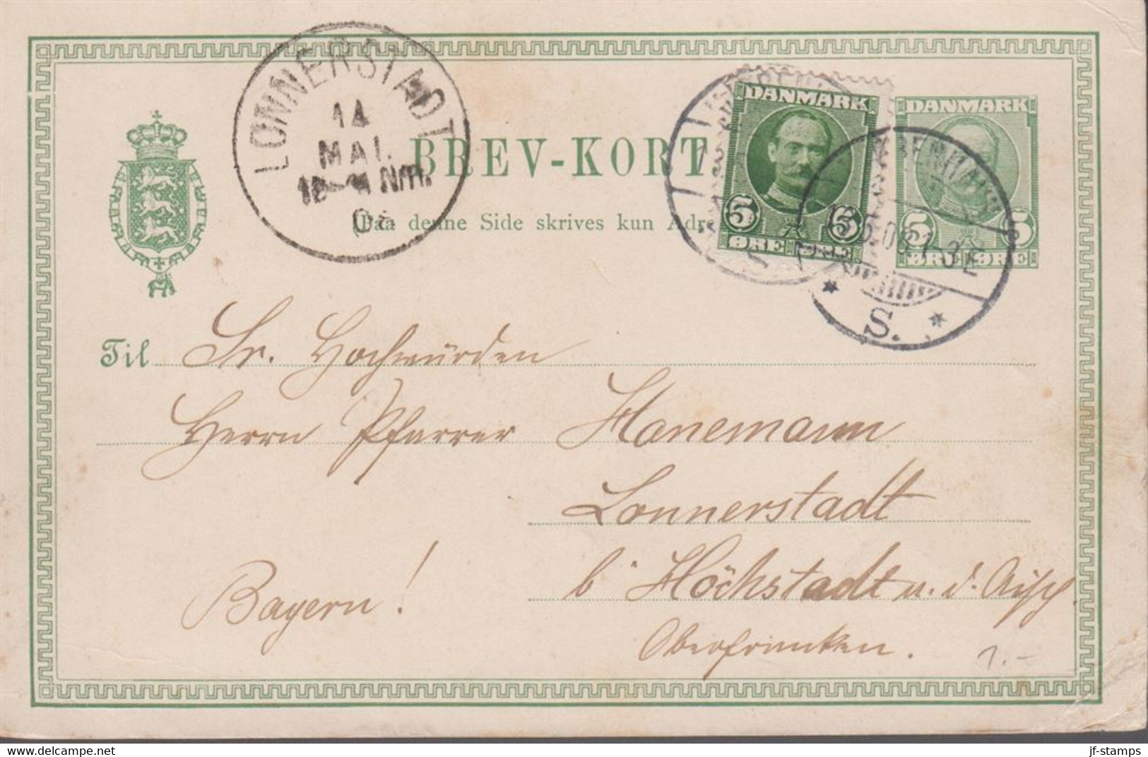 1908. DANMARK. BREVKORT 5 ØRE Frederik VIII + 5 ØRE  To Lonnerstadt, Bayern From KJØB... () - JF420205 - Briefe U. Dokumente