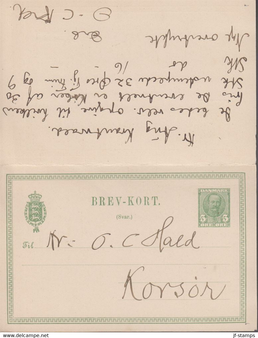 1912. DANMARK. BREVKORT Med Svar 5 ØRE Frederik VIII Cancelled KORSØR 25.4.12. Reply ... () - JF420206 - Briefe U. Dokumente