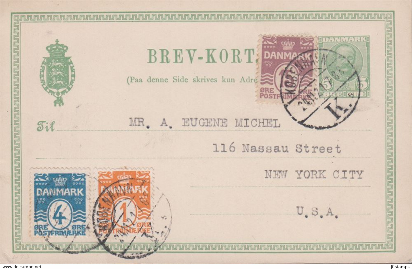 1921. DANMARK. BREVKORT 5 ØRE Frederik VIII + 1, 4 And 15 ØRE To USA From KØBENHAVN 2... () - JF420210 - Briefe U. Dokumente