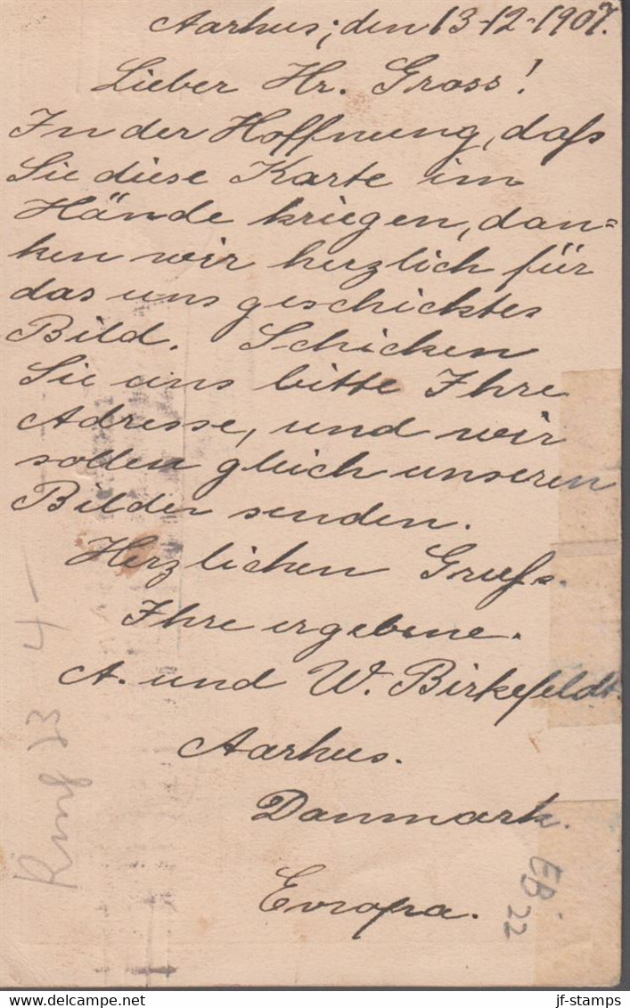 1907. DANMARK. BREVKORT 10 ØRE Frederik VIII To America From AARHUS 13.12.07. Very Li... () - JF420217 - Lettres & Documents