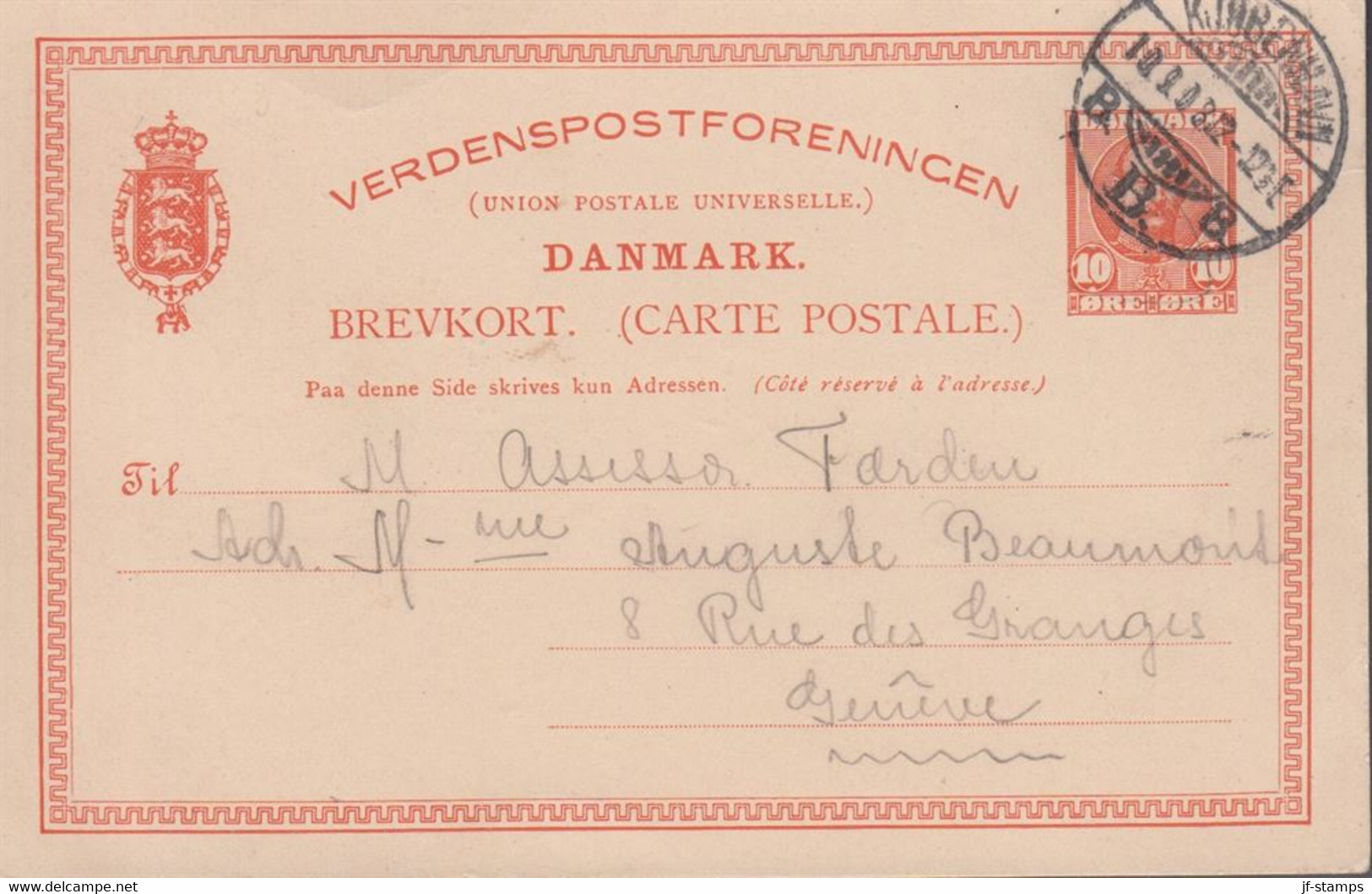 1908. DANMARK. BREVKORT 10 ØRE Frederik VIII To Geneva, Schweiz From KJØBENHAVN 10.9.... () - JF420218 - Cartas & Documentos