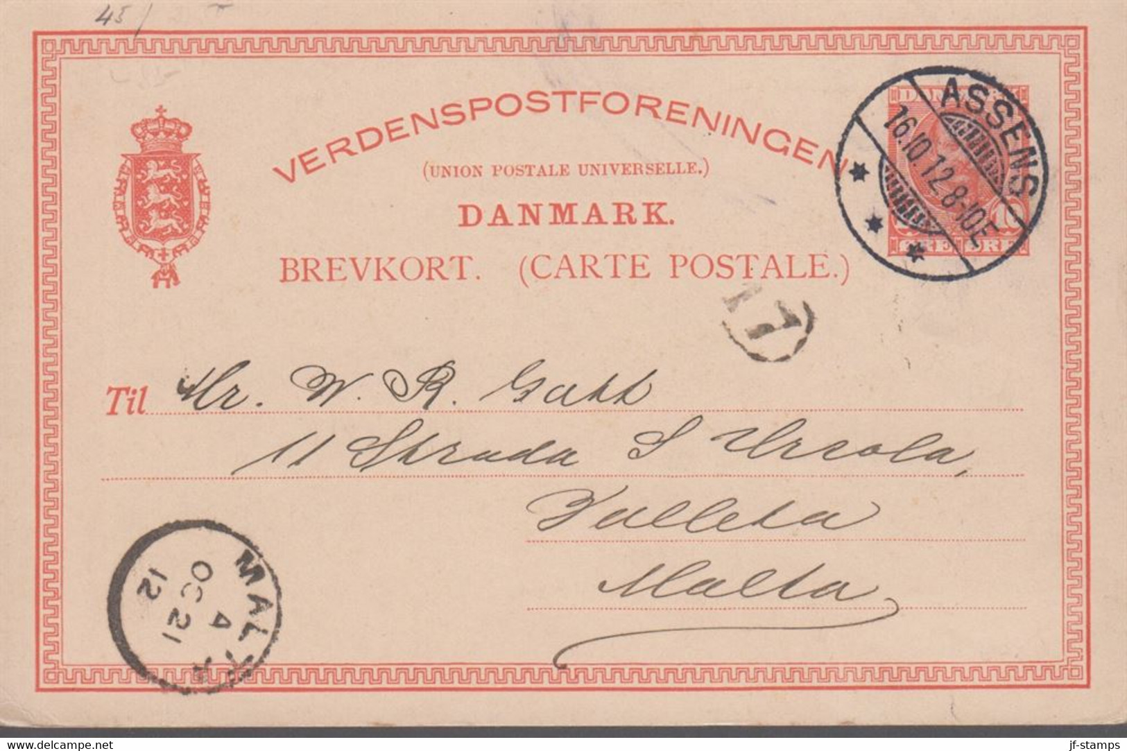 1912. DANMARK. BREVKORT 10 ØRE Frederik VIII To Valleta, Malta From ASSENS 16.10.12. ... () - JF420220 - Lettres & Documents