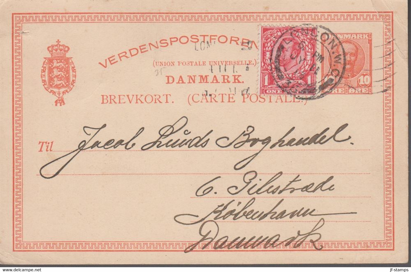 1913. DANMARK. BREVKORT 10 ØRE Frederik VIII + ONE PENNY Georg V Cancelled LONDON JY ... (Michel 122 England) - JF420221 - Briefe U. Dokumente