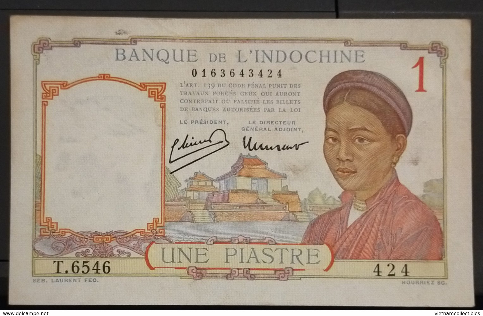 French Indochina Indo China Indochine Vietnam Cambodia 1 Piastre AU Banknote Note / Billet 1932-49 - Pick # 54ec - Indochine