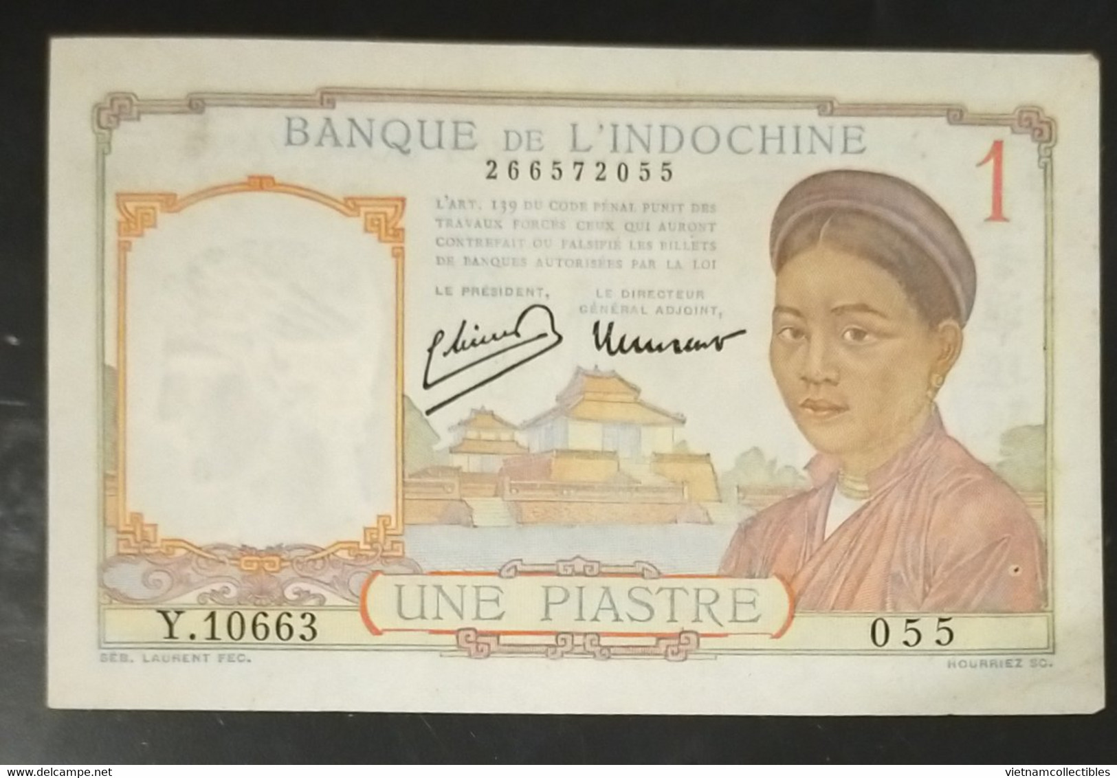 Indochina Indo China Indochine Vietnam Cambodia 1 Piastre UNC Banknote Note Without Dot Below MOT 1932-49 - Pick # 54e - Indochine
