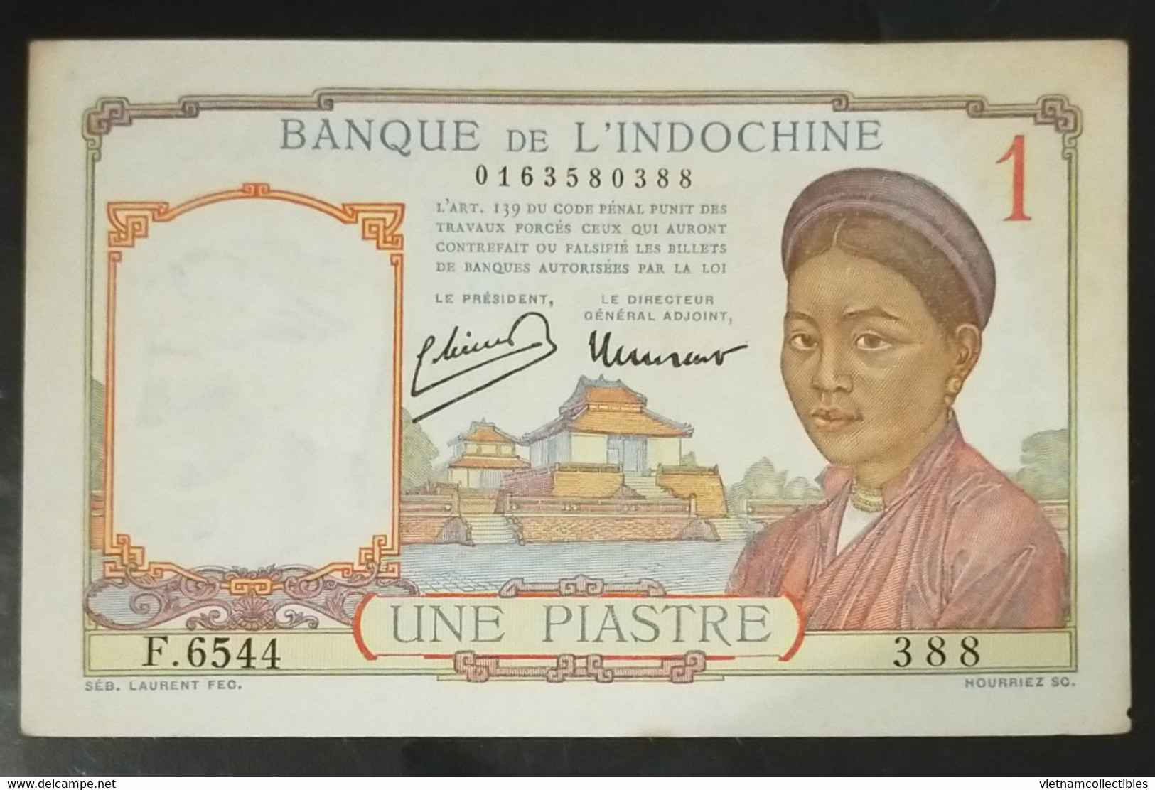 Indochina Indo China Indochine Vietnam Cambodia 1 Piastre AU Banknote Note 1932-49 - Pick # 54c / 2 Photos - Indochina