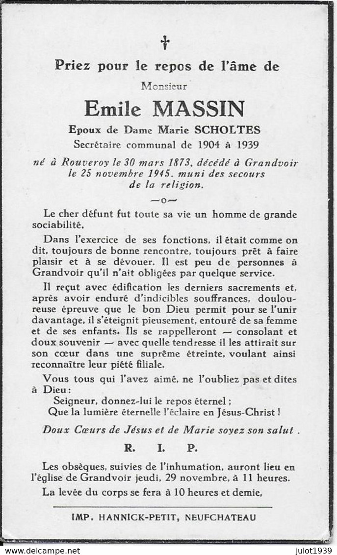 GC . GRANDVOIR ..-- Mr Emile MASSIN , époux De Mme Marie SCHOLTES , Né En 1873 à ROUVROY , Décédé En 1945 . - Neufchâteau