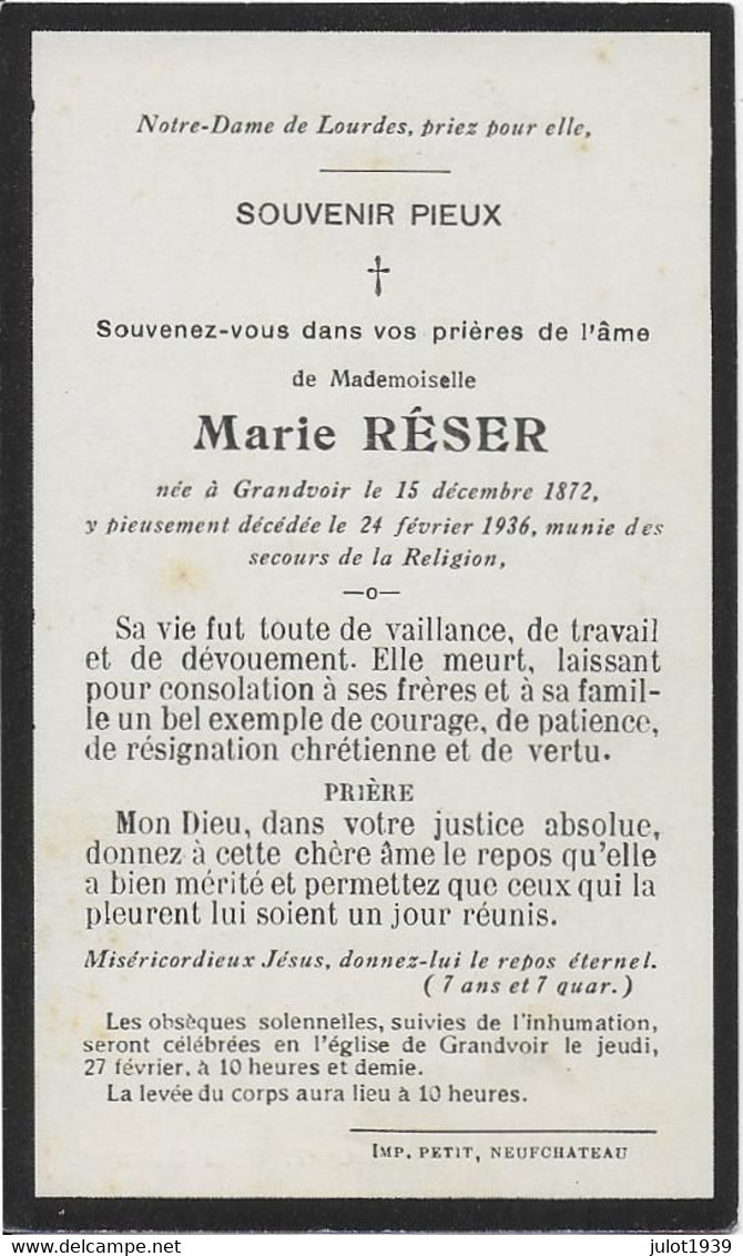 GC . GRANDVOIR ..-- Melle Marie RESER , Née En 1872 , Décédée En 1936 . - Neufchâteau