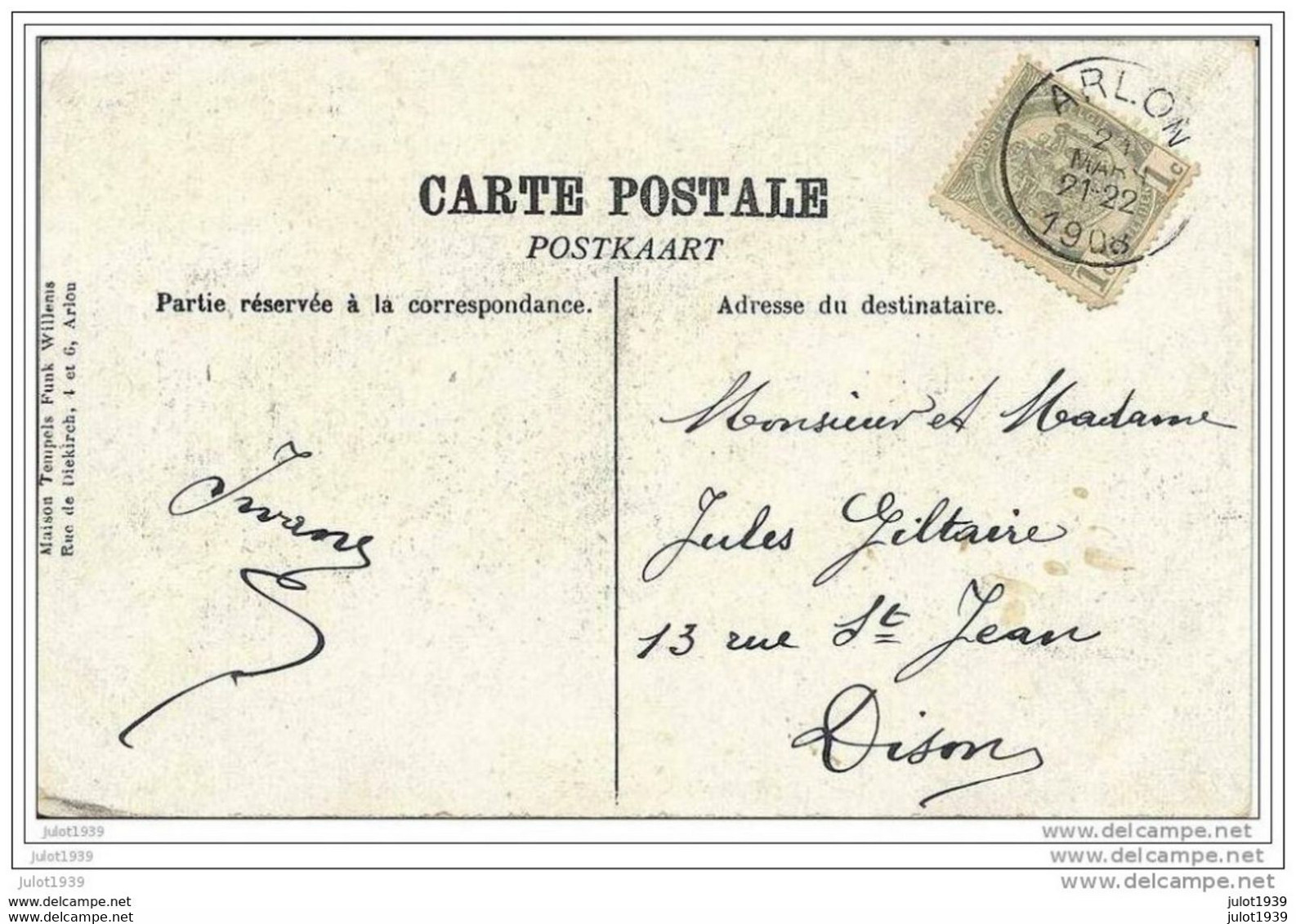 ARLON ..-- Gouvernement Provincial . 1908 Vers DISON ( Mr Mme Jules GILTAIRE ) .  Voir Verso . - Aarlen