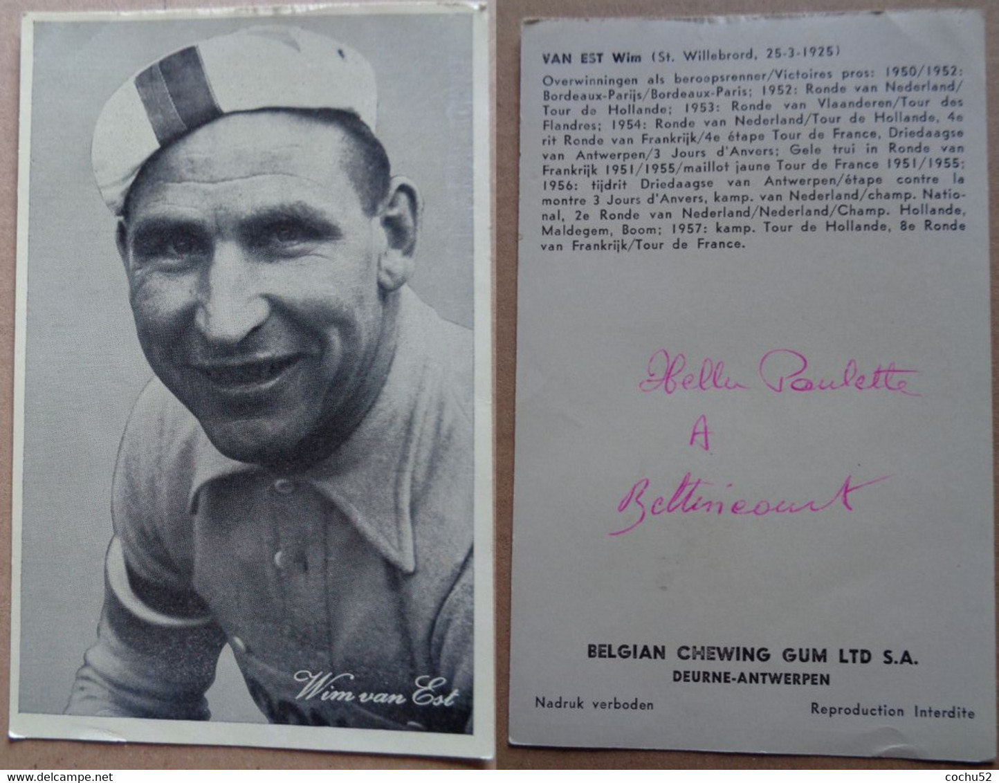 Cyclisme, Chromo – Wim Van Est (Pays-Bas)---Belgian Chewing Gum, 1950’s (14 Cm X 9 Cm) - Sonstige & Ohne Zuordnung