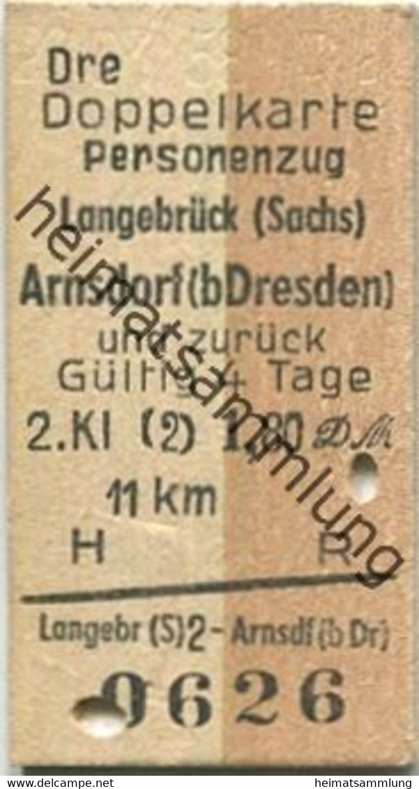 Deutschland - Doppelkarte - Personenzug - Langebrück (Sachsen) Arnsdorf (bei Dresden) - Fahrkarte 1958 2. Klasse 1,80DM - Europe