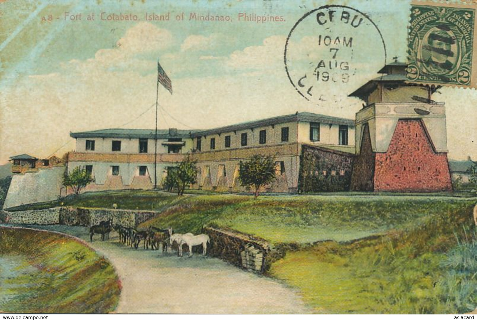 Fort At Cotabato Mindanao Hand Colored  . P. Used Cebu 1909 . American Colony ( Flag ) Used To Cienfuegos Cuba - Philippines