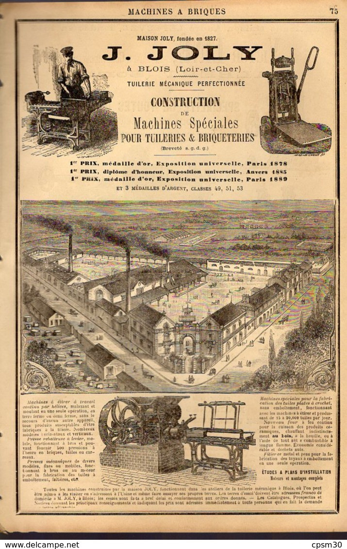 PUB 1891 - Machines à Briques J. Joly à Blois 41; Machines-outils V. Liné Et Mongin-Monneret à Albert 80 Somme - Advertising