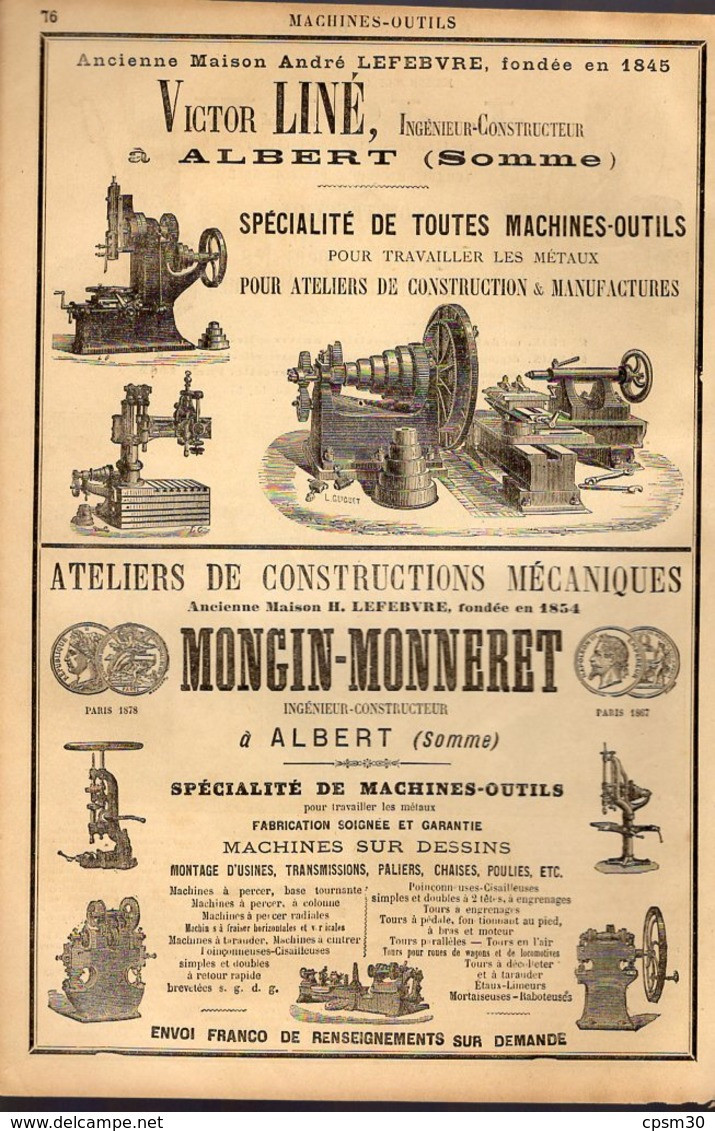 PUB 1891 - Machines à Briques J. Joly à Blois 41; Machines-outils V. Liné Et Mongin-Monneret à Albert 80 Somme - Werbung