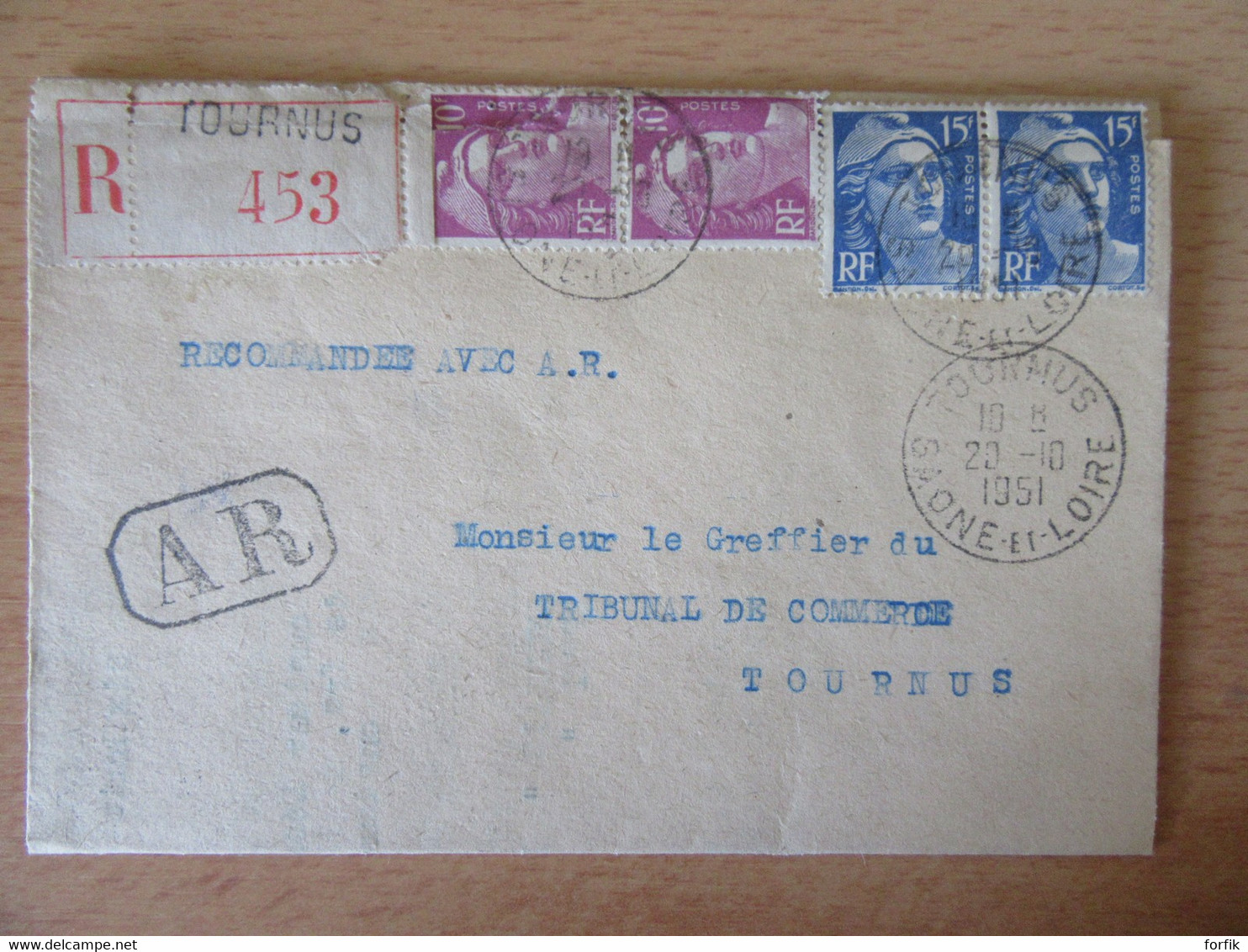 France - Recommandé Avec AR TOURNUS 1951 - Timbres Marianne Gandon N°811 Et 813 - 1921-1960: Modern Tijdperk