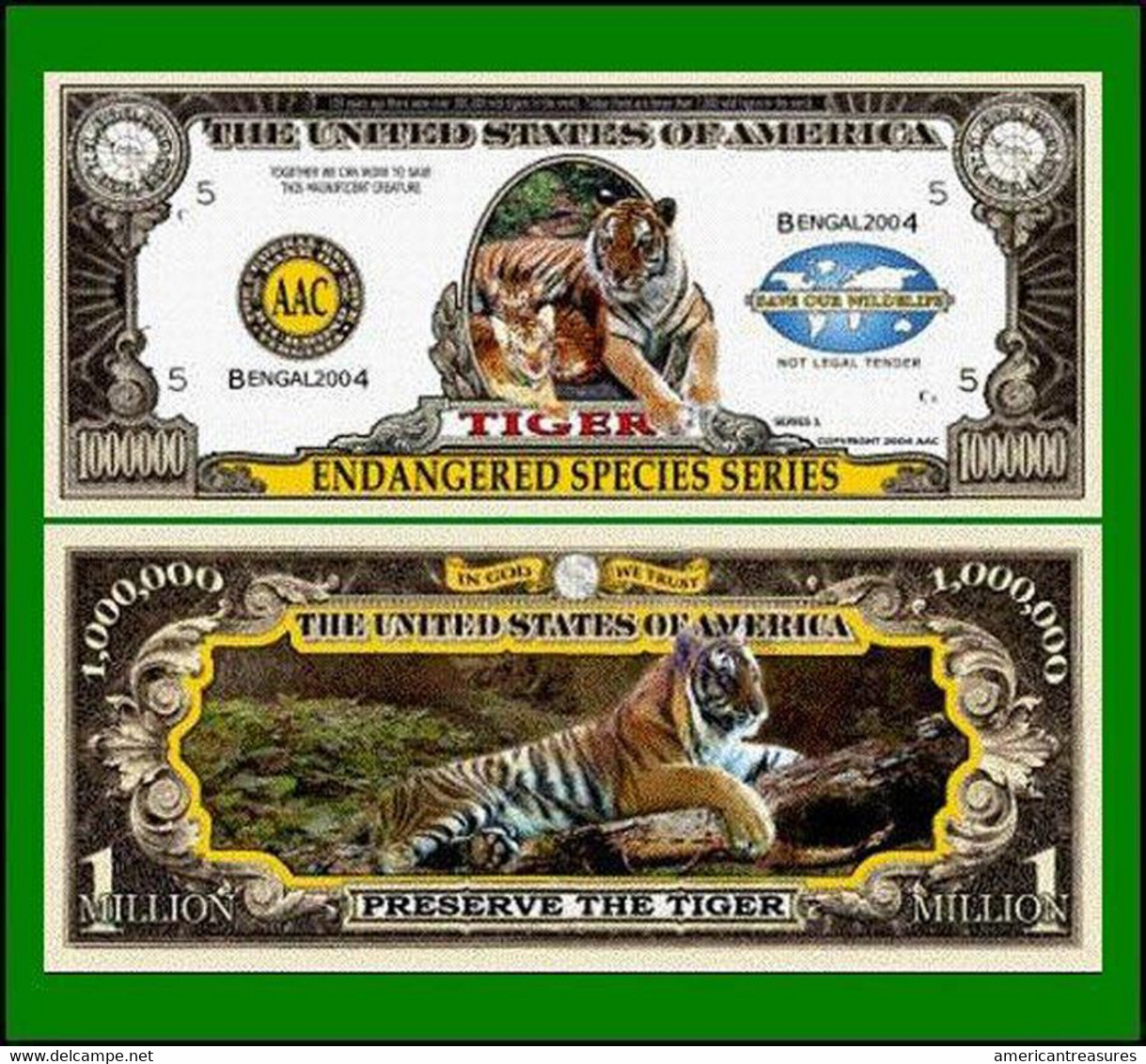 USA 'Bengal Tiger' 1 Million Dollar Novelty Banknote - Endangered Species - UNC & CRISP - Autres - Amérique