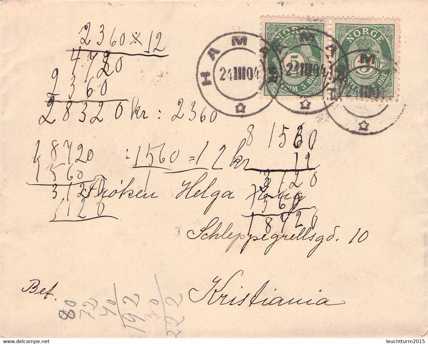 NORWAY - LETTER 1904 HAMAR > KRISTIANIA  /QF266 - Storia Postale