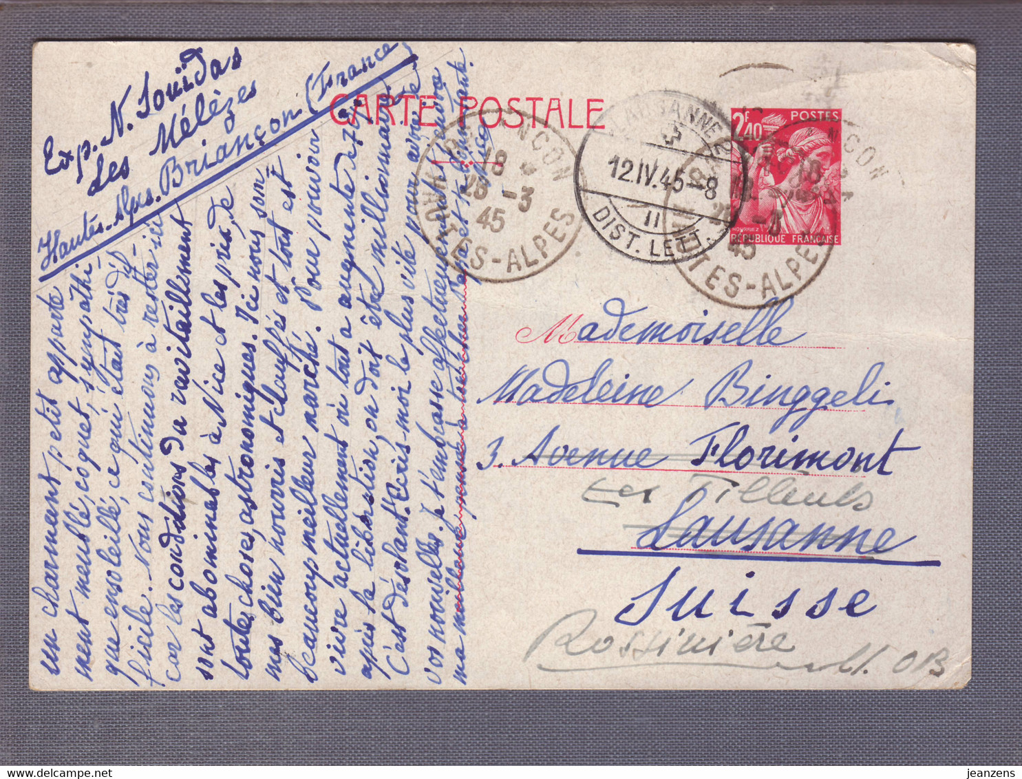 ⌧ Entier Postal 2f40 Iris  ʘ Briançon 25.03.1945 -> Lausanne > Rossières - Guerra Del 1939-45