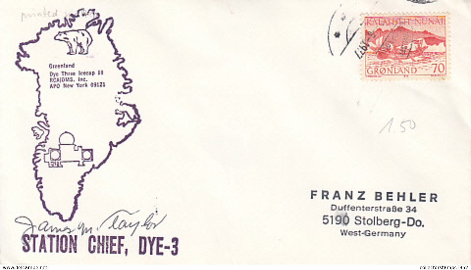 96243- GREENLAND DYE THREE ICECAP RESEARCH STATION, CHIEF SIGNED, SPECIAL COVER, 1977, GREENLAND - Stations Scientifiques & Stations Dérivantes Arctiques