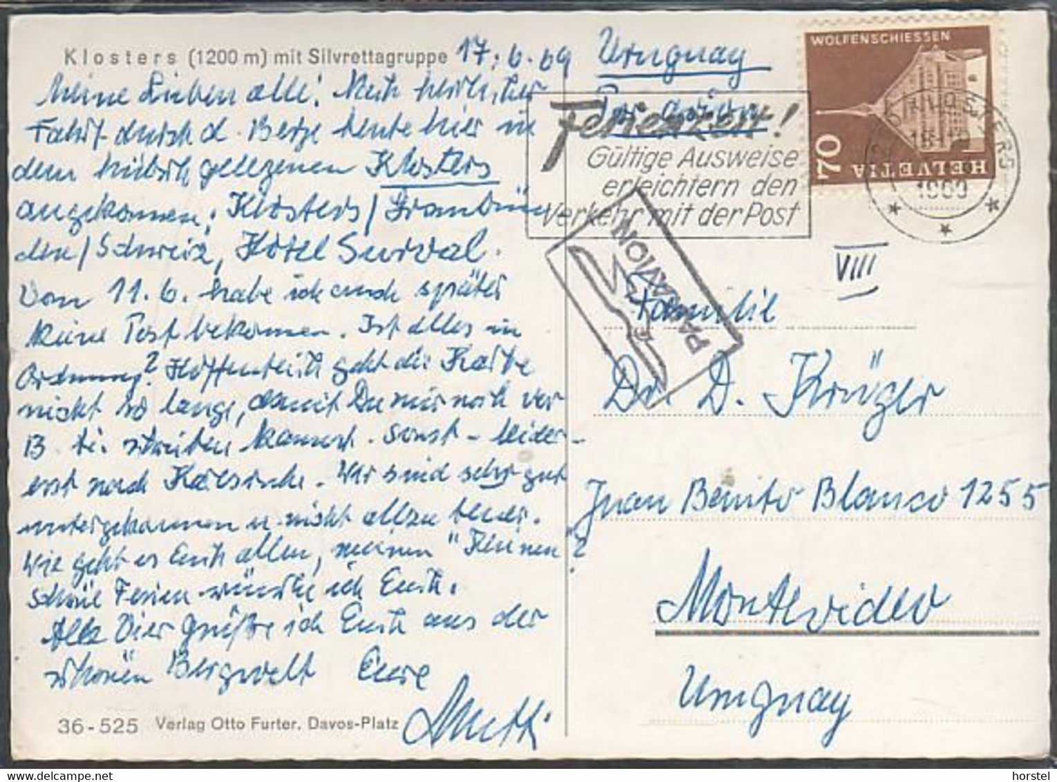 Schweiz - 7250 Klosters  - Mit Silvrettagruppe - Nice Stamp - Luftpost Nach Montevideo ! - Klosters