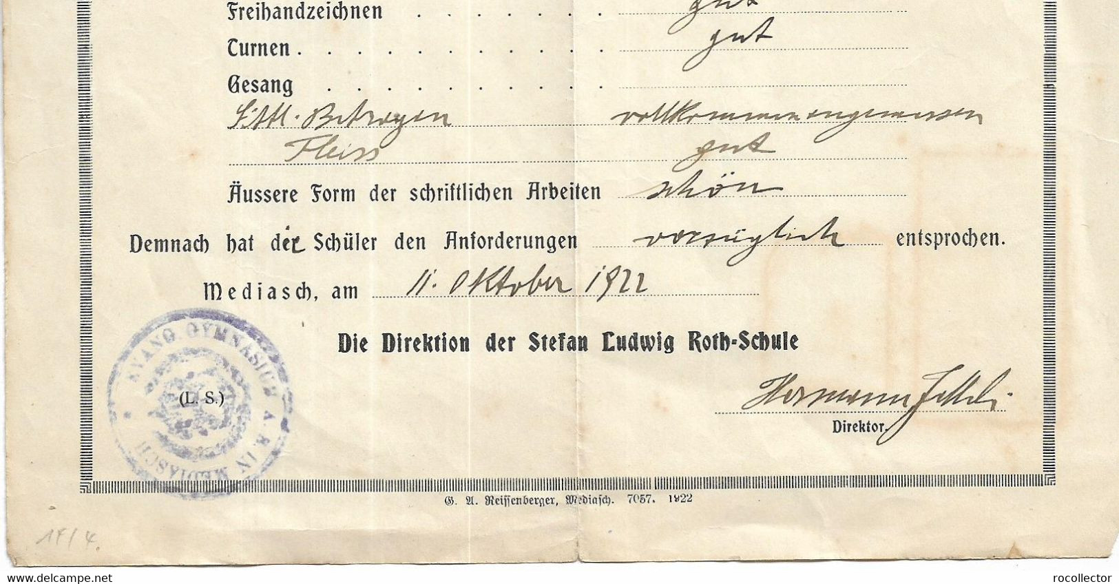 Zeugnis Stefan Ludwig Roth Schule Mediasch Siebenburg 1922 Sachsen - Documentos Históricos