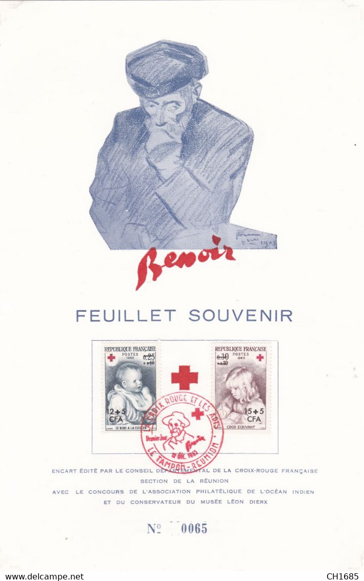 REUNION : FDC Feuillet Souvenir Numéroté 0065 Sur 2000 : Croix-Rouge 366 367 Renoir Oblitération Le Tampon 12 12 1965 - Autres & Non Classés