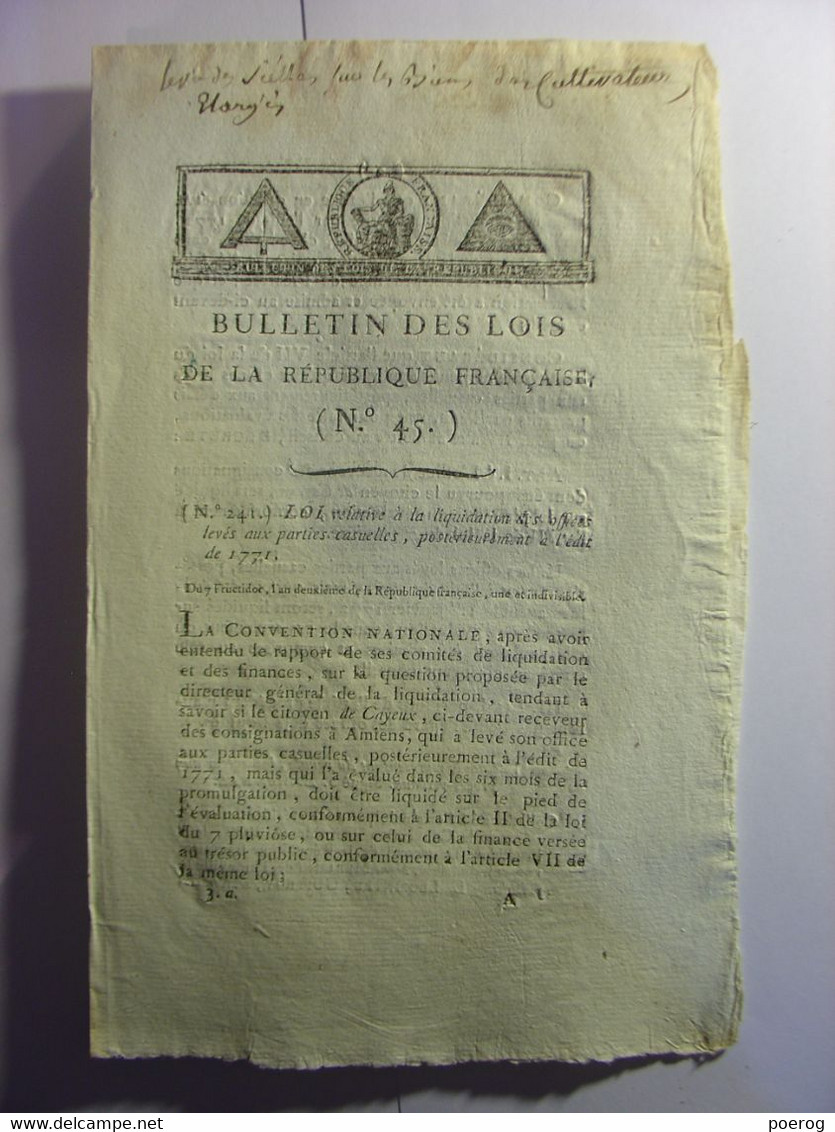 BULLETIN DES LOIS DE FRUCTIDOR AN II (1794) - LEVEE DES SCELLES DANS LES DOMICILES DES CULTIVATEURS MIS EN LIBERTE - Decrees & Laws