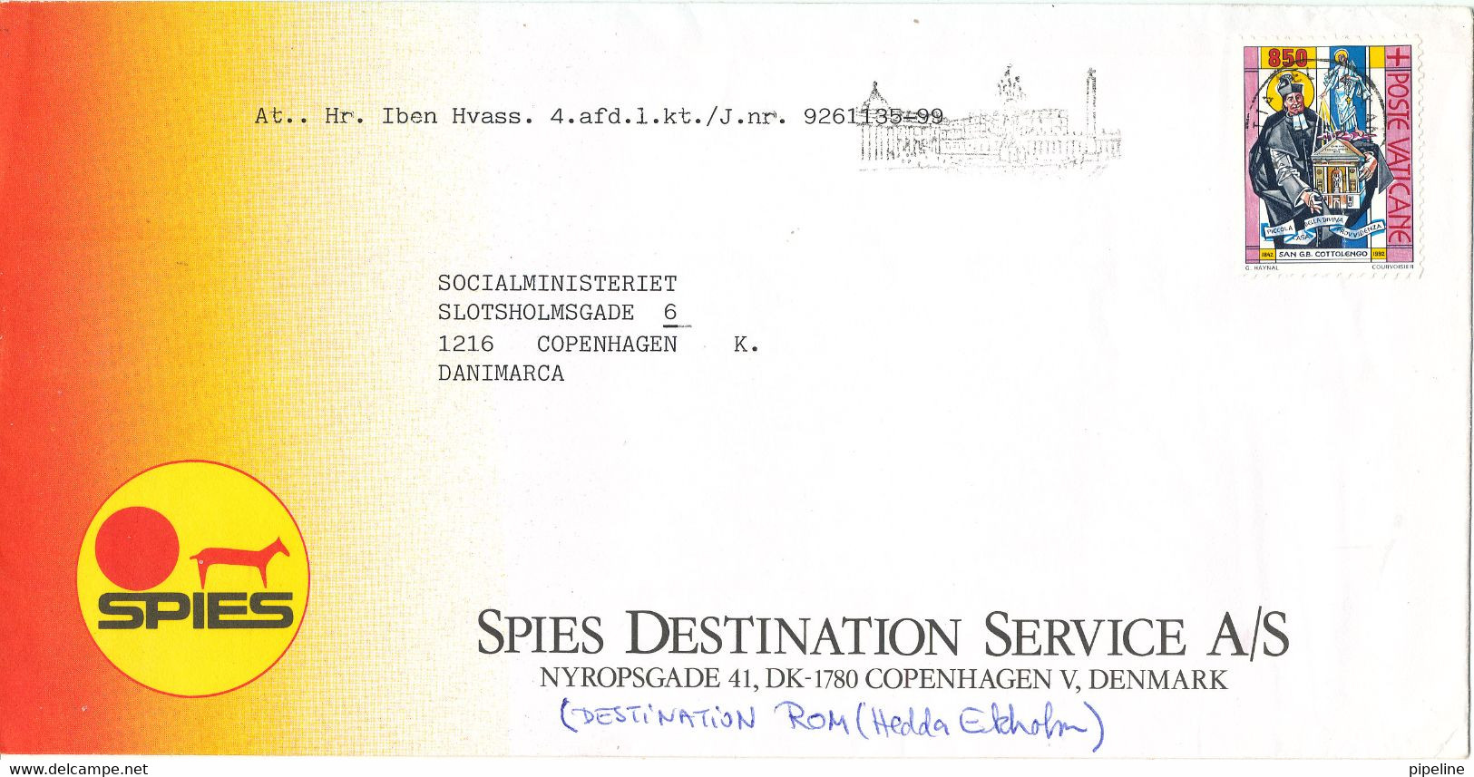 Vatican Cover Sent To Denmark 1992 - Cartas & Documentos