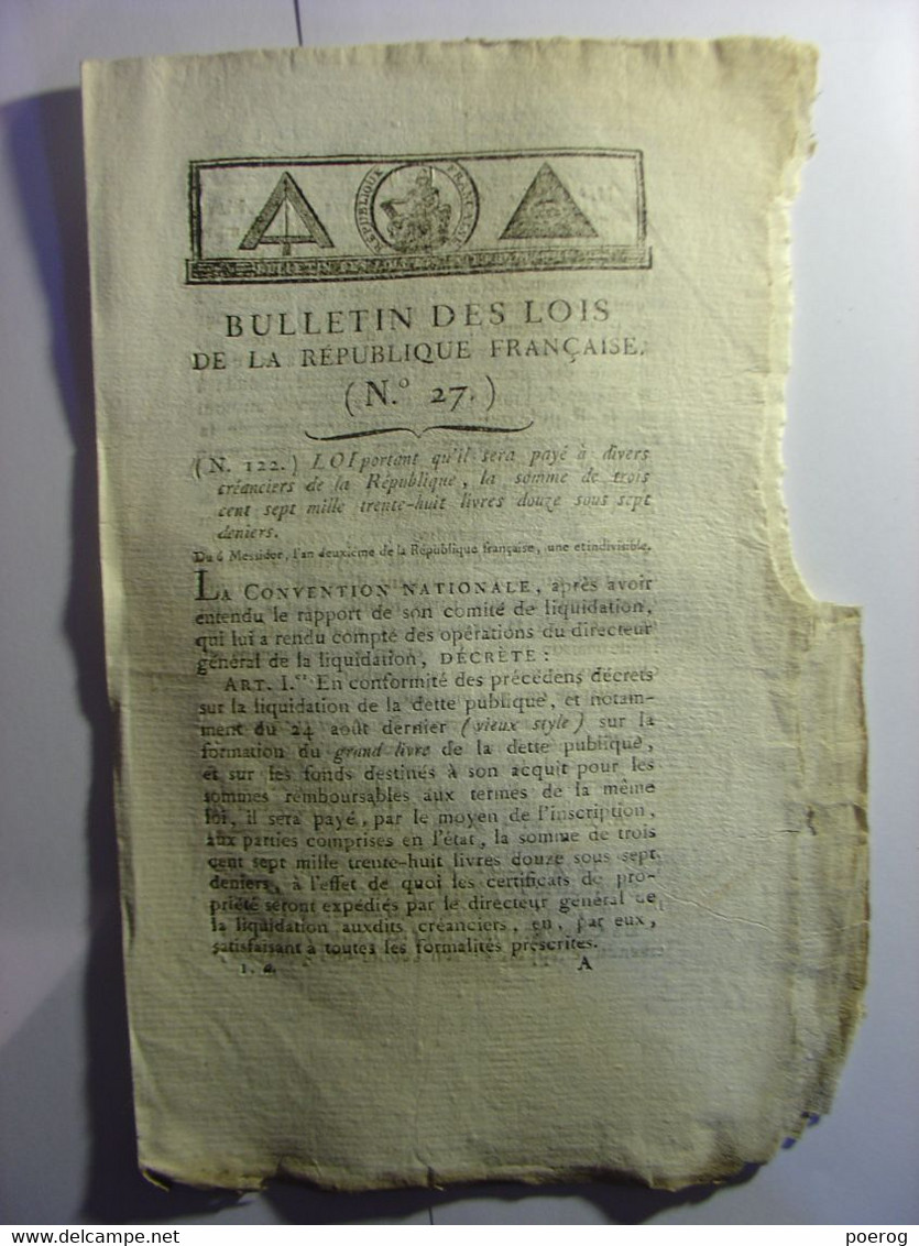 BULLETIN DES LOIS DE THERMIDOR AN II (1794) - ACADEMIES ET SOCIETES LITTERAIRES - CERTIFICATS RESIDENCE - LOI DU MAXIMUM - Wetten & Decreten