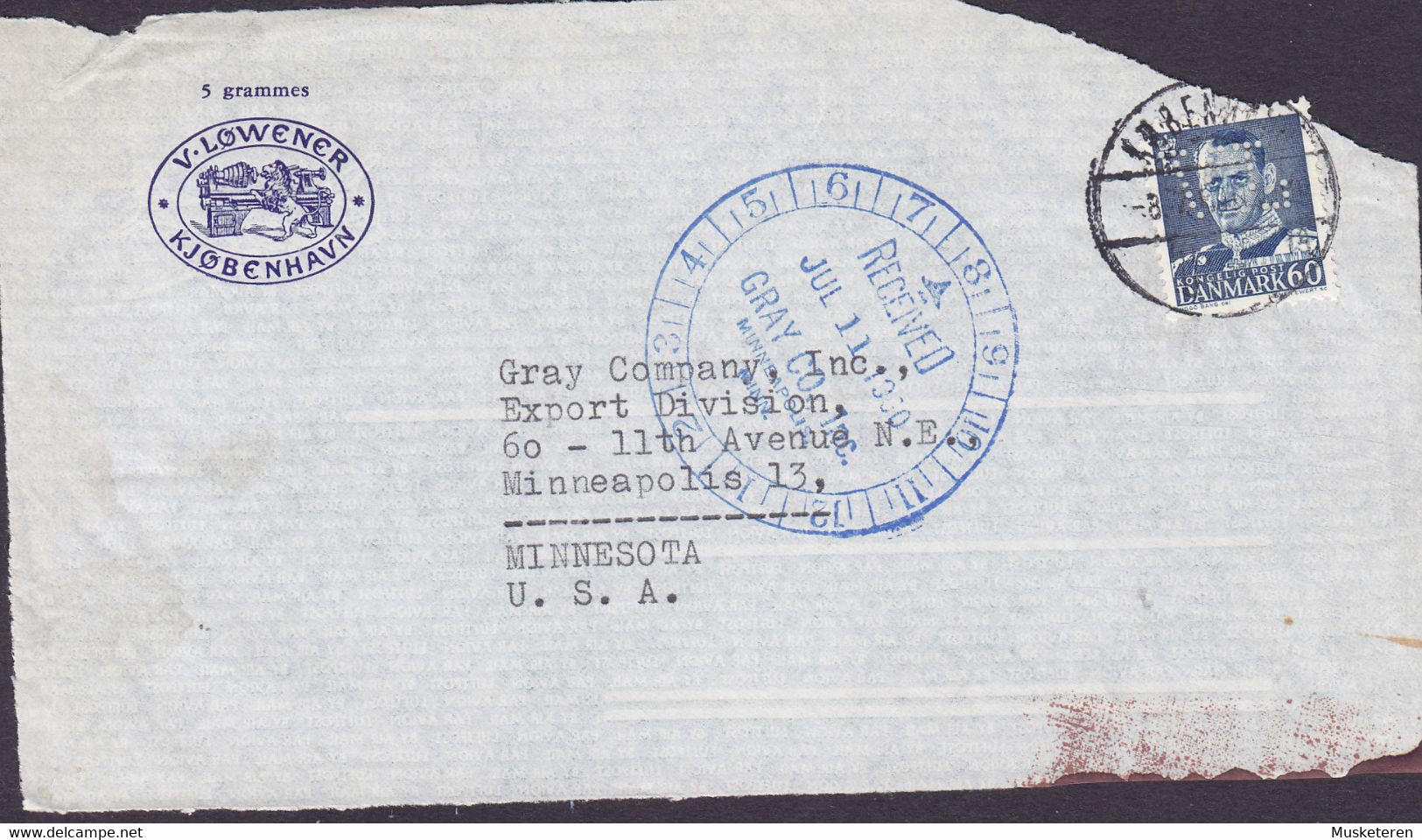 Denmark Perfin Perforé Lochung 'V.L.' V. LØWENER On 1960 Coverpiece To MINNEAPOLIS United States - Abarten Und Kuriositäten