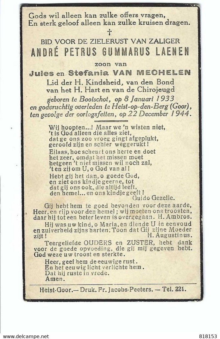 DP ANDRE P G LAENEN Zoon V Jules En Stefania VAN MECHELEN Geb Booischot 1933 , Overleden Goor 1944 - Religione & Esoterismo