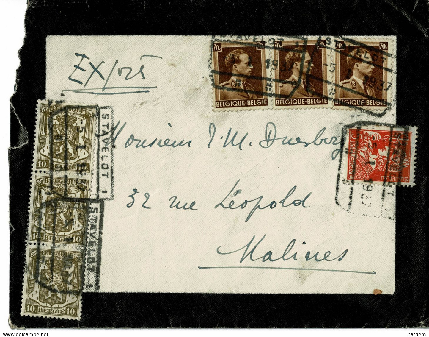 Express De 1937 De Stavelot à Malines Avec 3x70c+1x5c+groupe Vertical De10c, Cachet Chemin De Fer De Stavelot ,cachet Sn - Cartas & Documentos