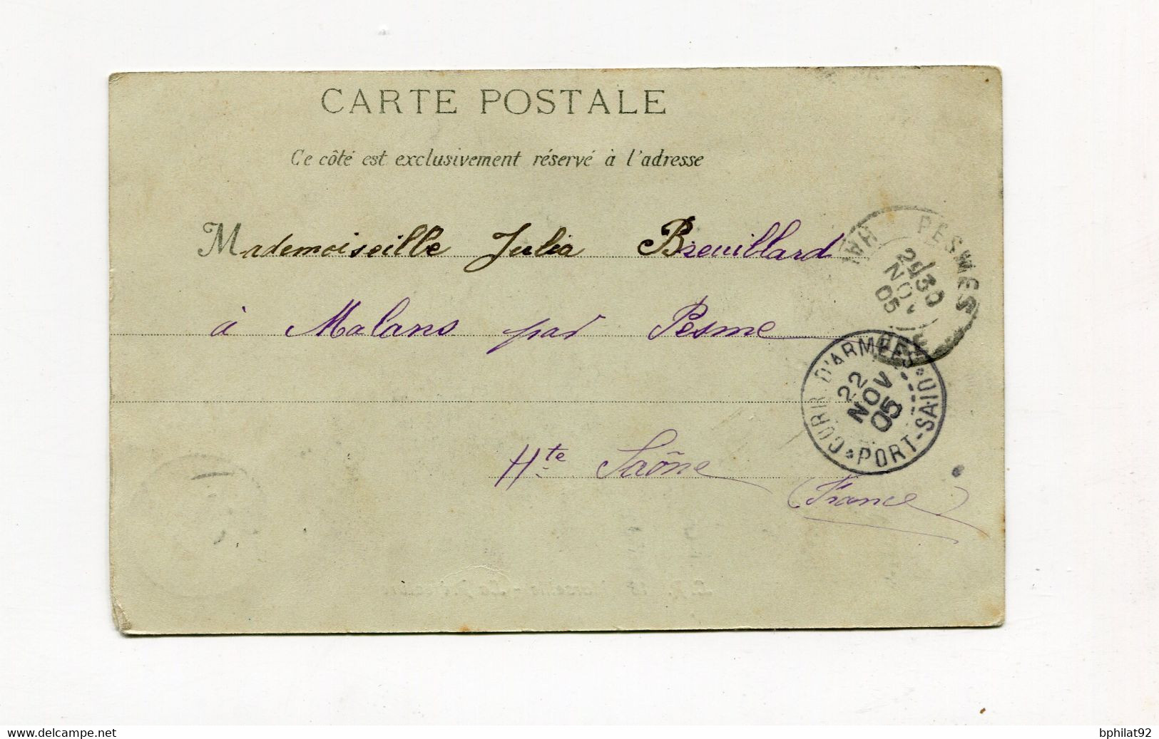 !!! CACHET CORRESP D'ARMEES PORT SAID SUR CPA DE MARSEILLE DE 1905 - Briefe U. Dokumente