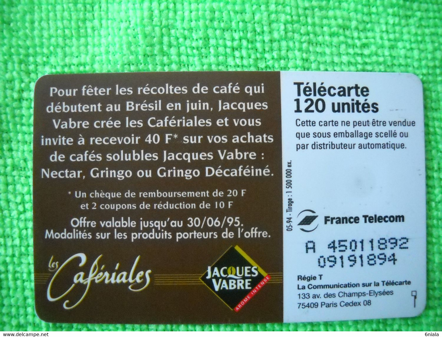 7086 Télécarte Collection CAFE JACQUES VABRE Soluble  Cafériales  120u  ( Recto Verso)  Carte Téléphonique - Alimentación