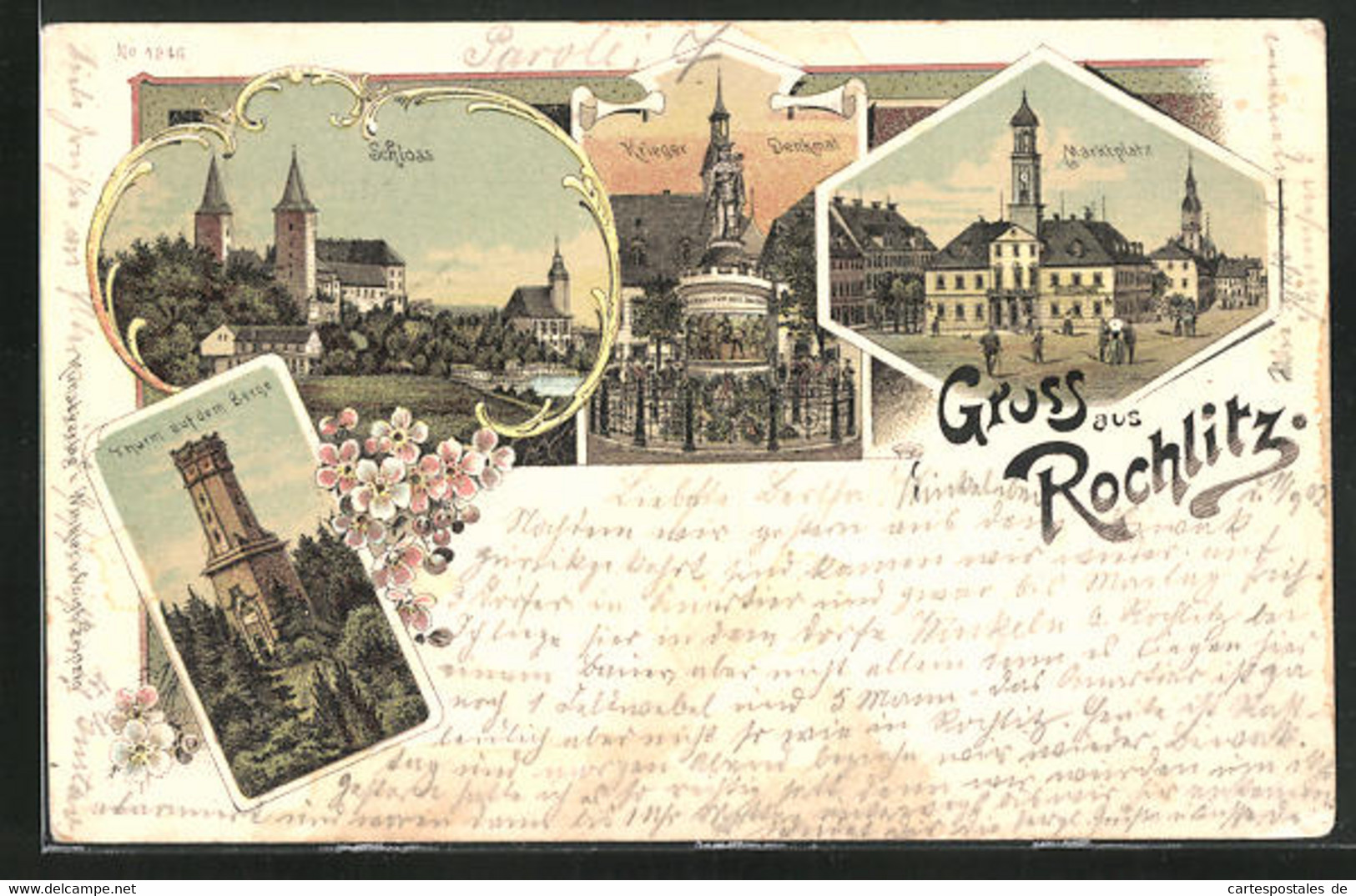 Lithographie Rochlitz, Schloss, Marktplatz Und Kriegerdenkmal - Rochlitz