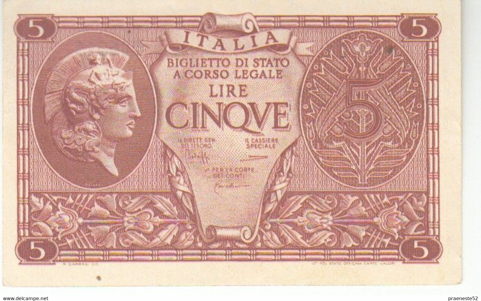 Banconota 5 Lire  1944 Atena Biglietto Di Stato - Italia – 5 Lire