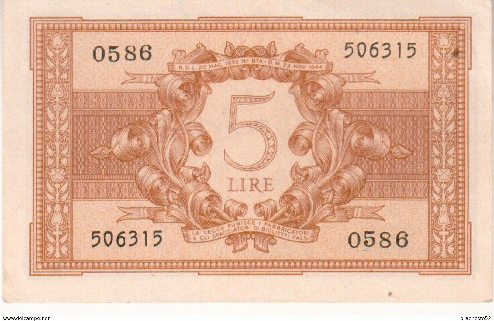 Banconota 5 Lire  1944 Atena Biglietto Di Stato - Italië– 5 Lire