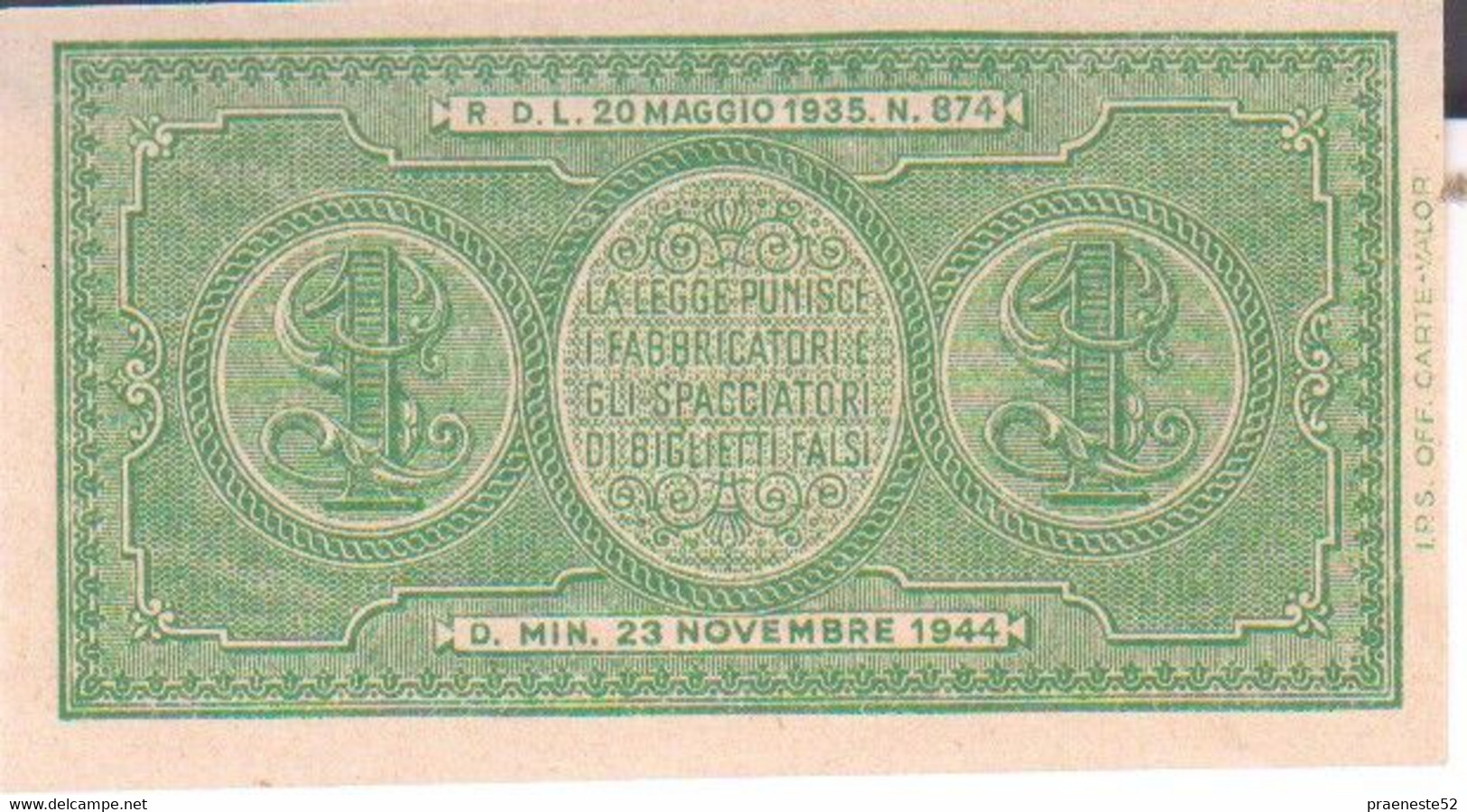 1 LIRA-biglietto Di Stato-a Corso Legale-23-11-1944 - Italia – 1 Lira