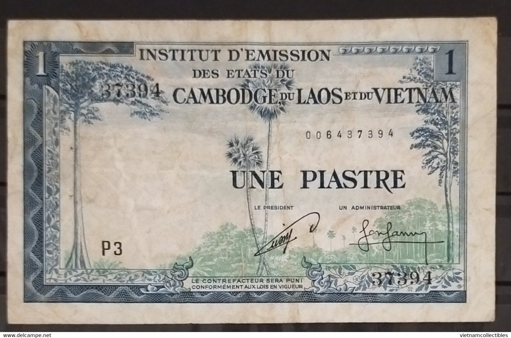 French Indochine Indochina Vietnam Viet Nam Laos Cambodia 1 Piastre VF Banknote 1954 - Pick # 94 / 02 Photos - Indocina